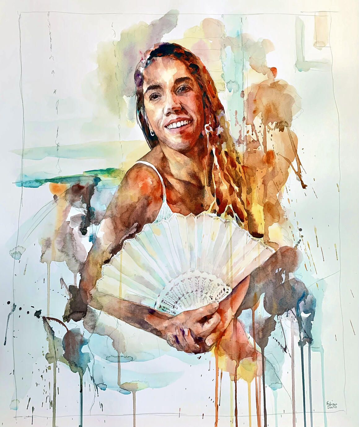 Watercolor portrait of a woman holding a fan, painted with flowing expressive brushstrokes.