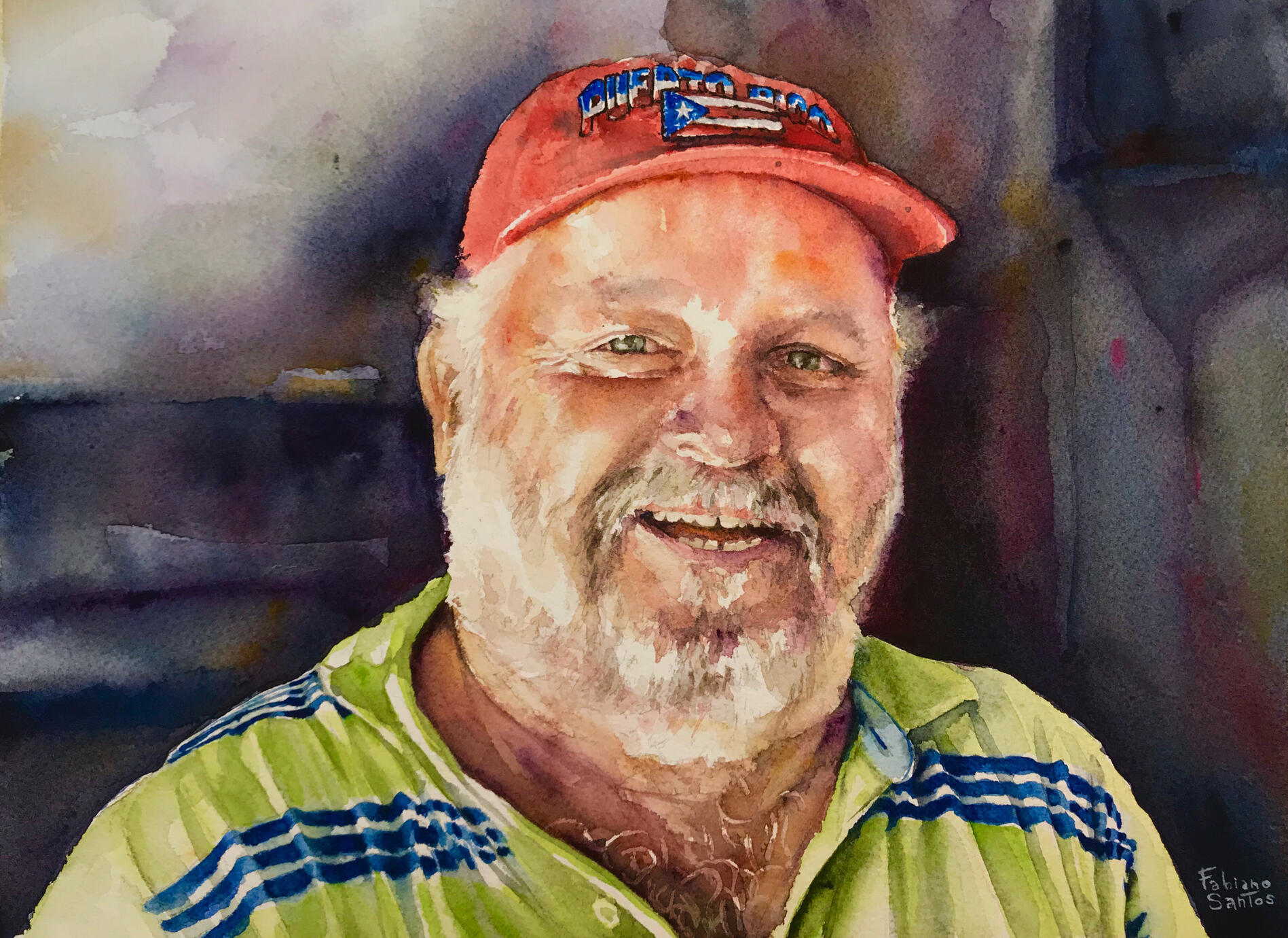 Watercolor portrait of a bearded man wearing a cap, painted with warm expressive colors.
