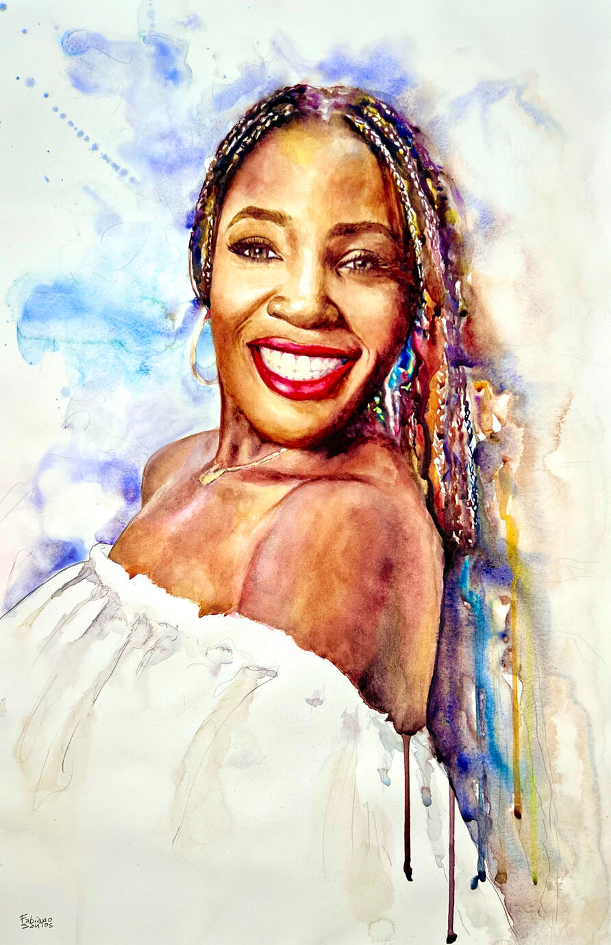 Watercolor portrait of a smiling woman wearing a white dress, painted with vibrant expressive colors.