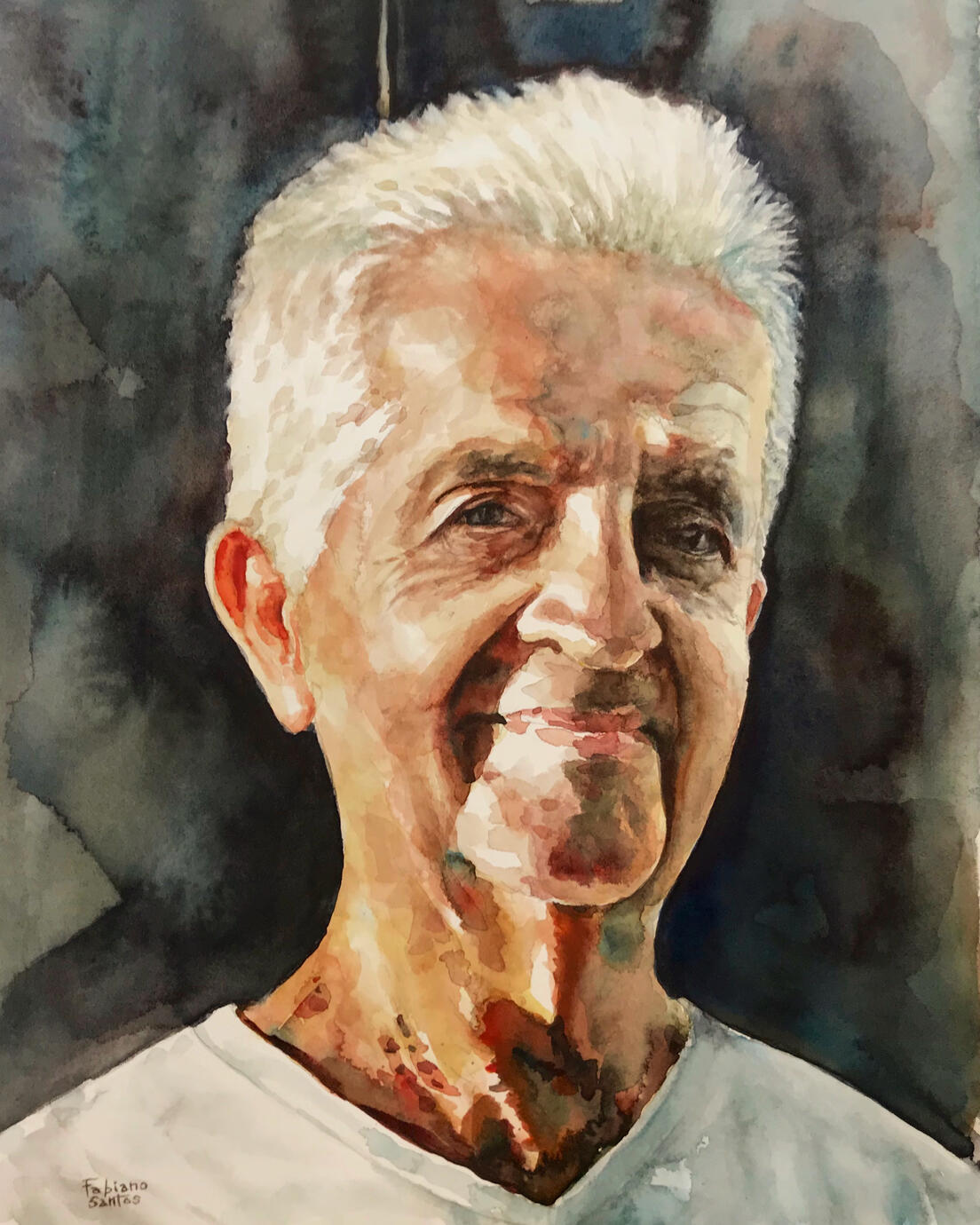 Watercolor portrait of an elderly man with white hair, painted with soft expressive tones.