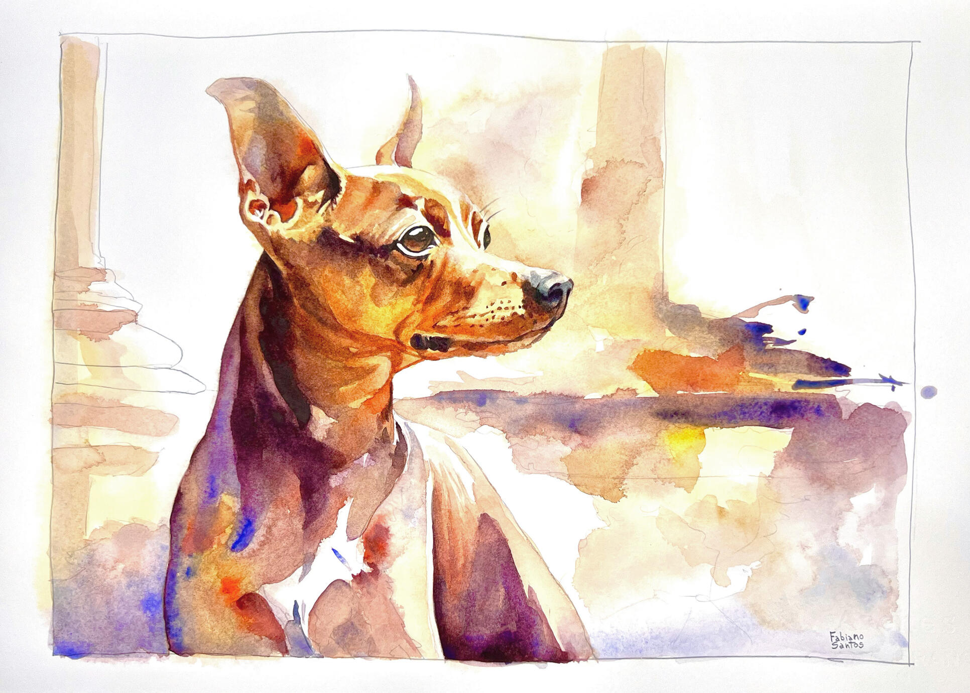 Watercolor portrait of a small brown dog looking to the side.