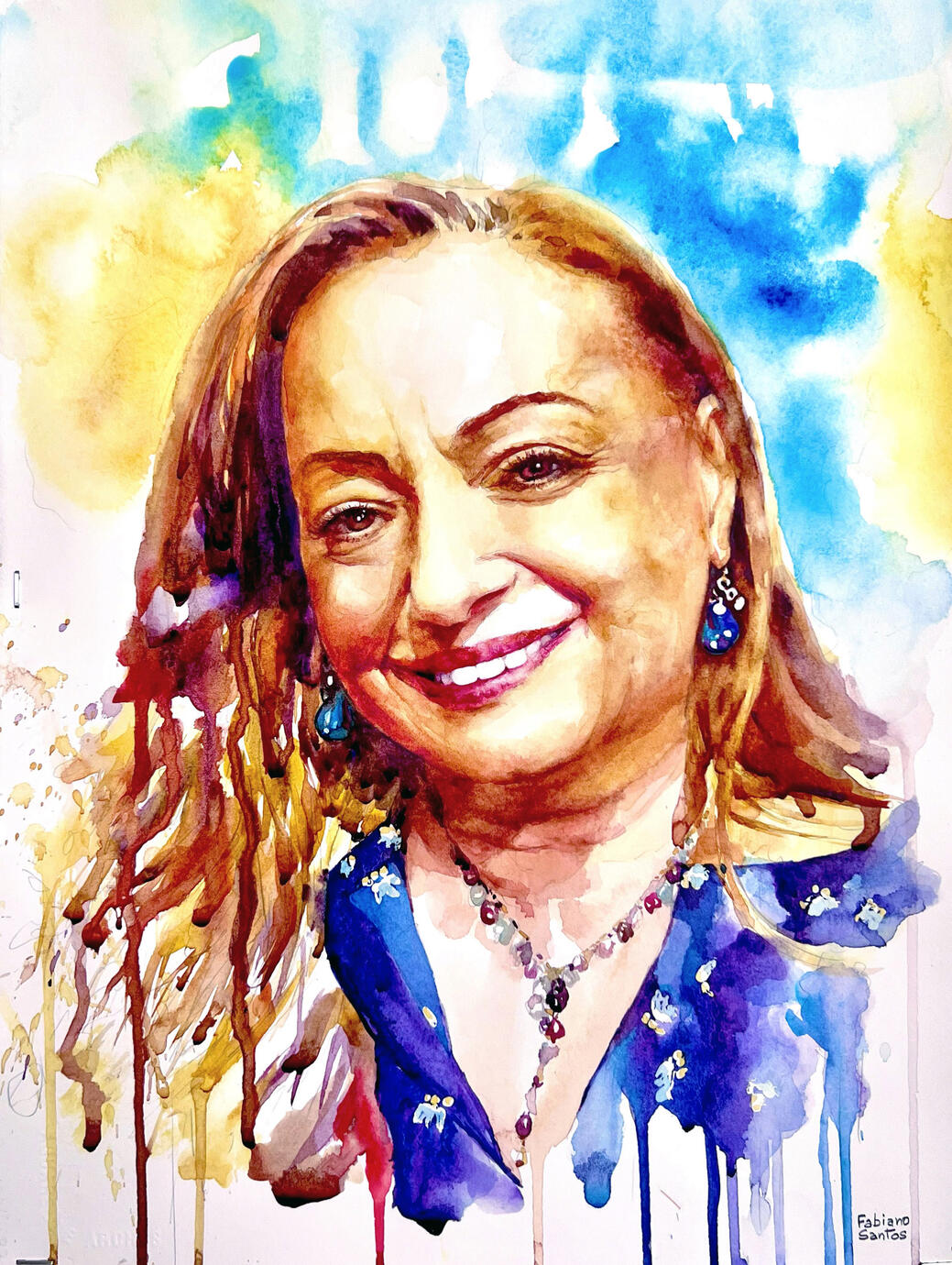 Watercolor portrait of a woman with light hair and jewelry, painted with soft expressive tones.