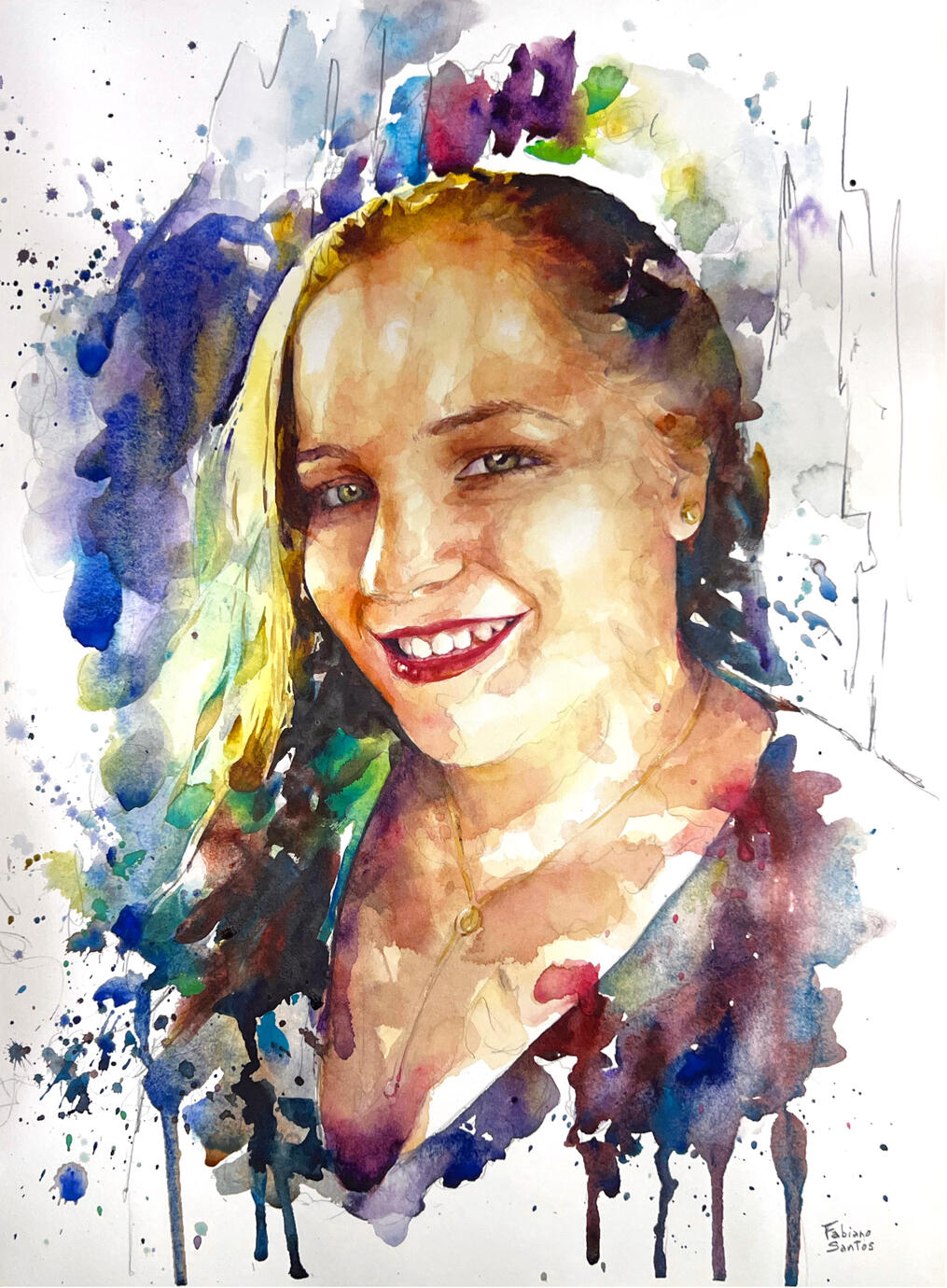 Watercolor portrait of a smiling woman with expressive brushstrokes and splashes of color.