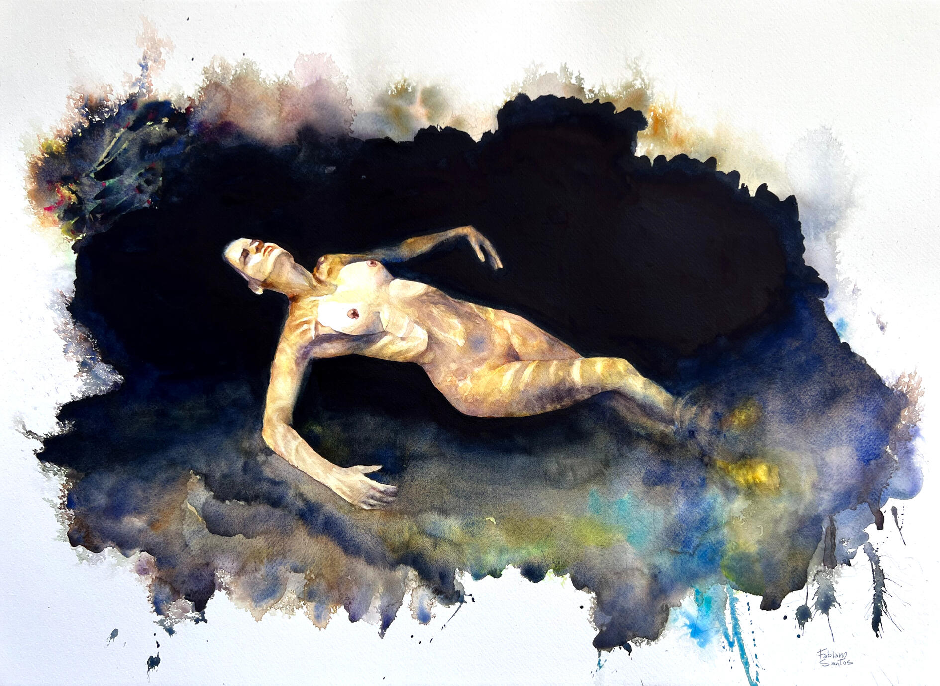 Watercolor painting of a reclining female figure set against a dark abstract background.