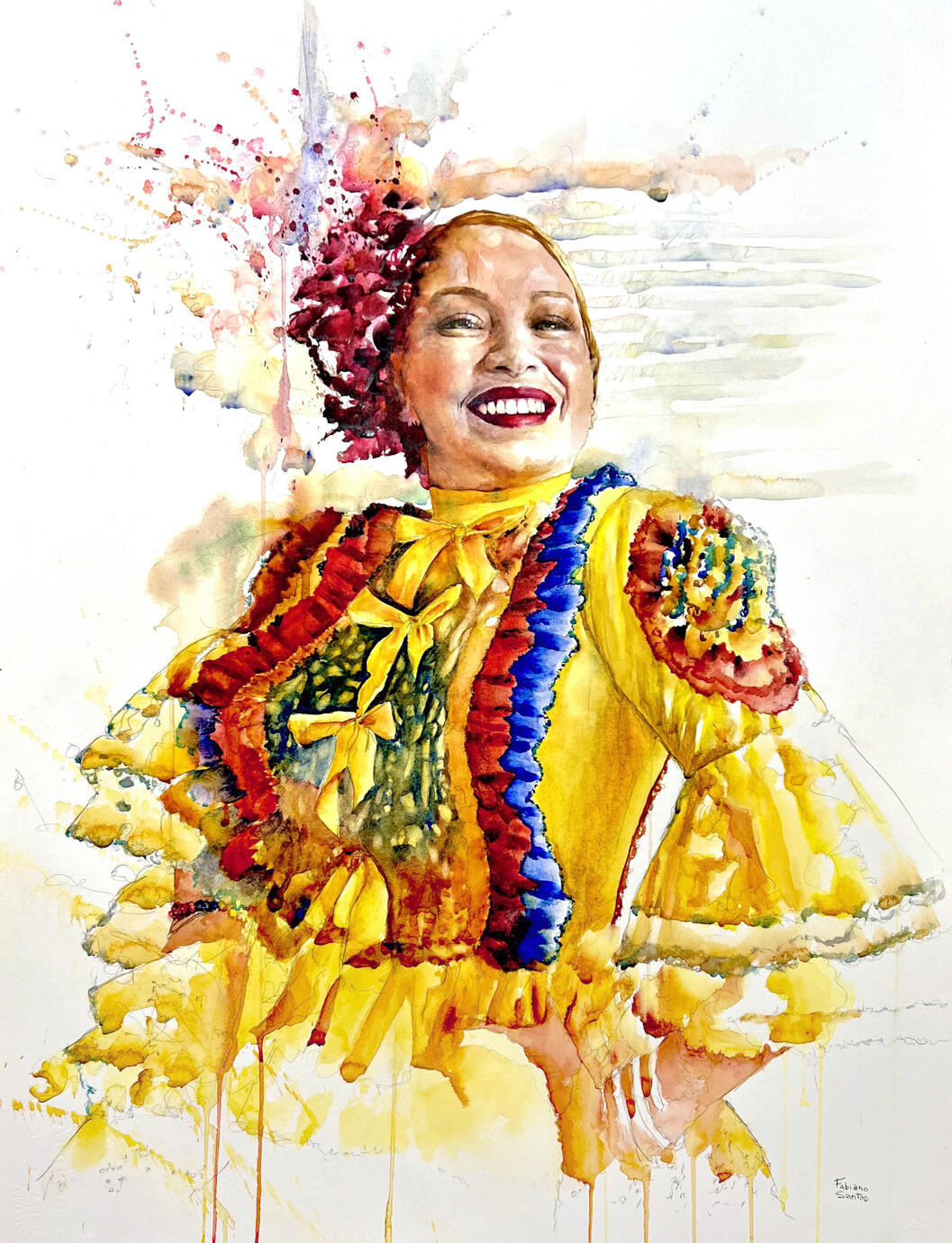 Watercolor portrait of a smiling woman wearing a colorful traditional dress.