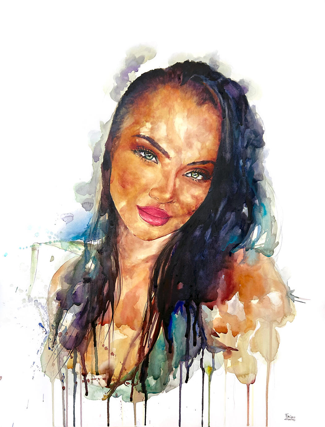 Watercolor portrait of a woman with long dark hair, painted with expressive flowing brushstrokes.