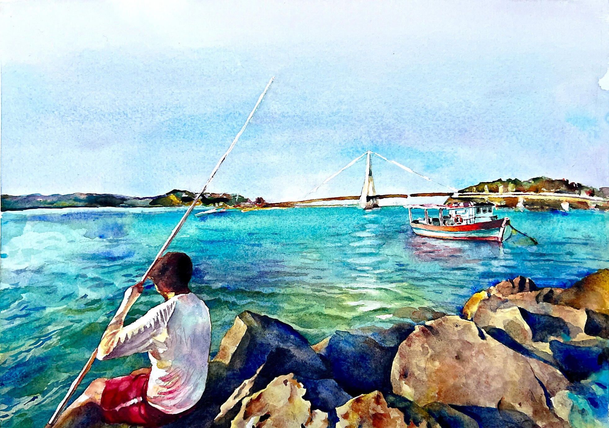 Watercolor painting of a person fishing from rocks by the sea, with boats and a bridge in the background.